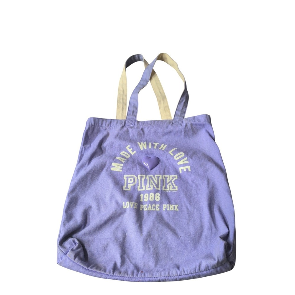PINK Purple "Made With Love" Tote Bag Heart Logo, Lightweight, Beige Straps
